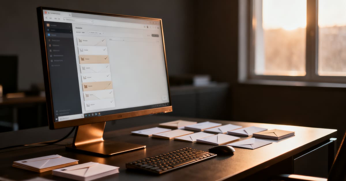 Vorsortierter Posteingang am Morgen: Monitor mit geordneten Mail-Karten