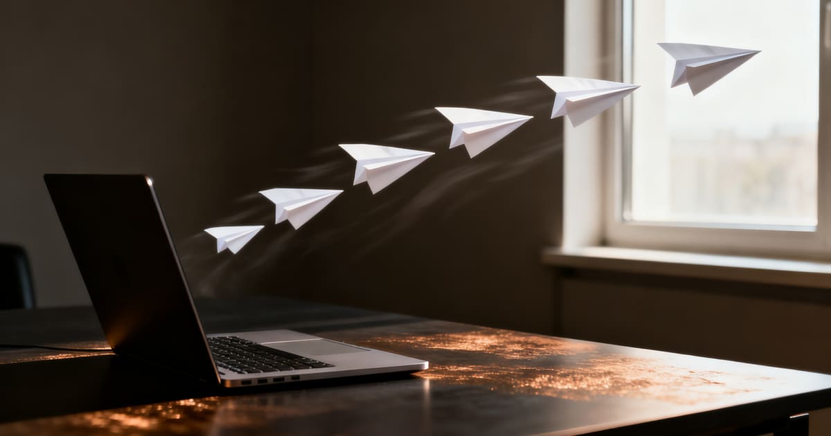 Papierflieger starten in Formation vom Laptop: planbarer Vertrieb Woche für Woche